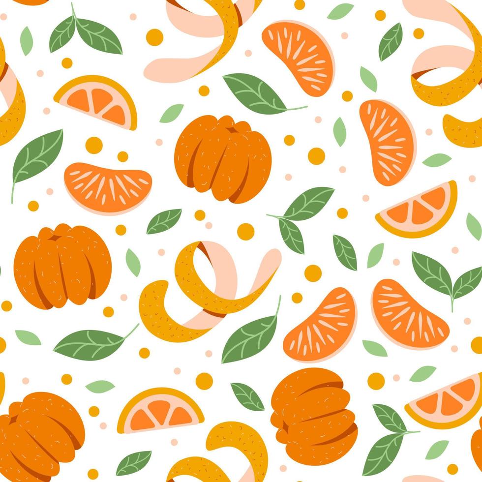 Seamless pattern with citrus fruits. Tangerines and oranges on a white background. Packaging paper, print, textile, fabric vector