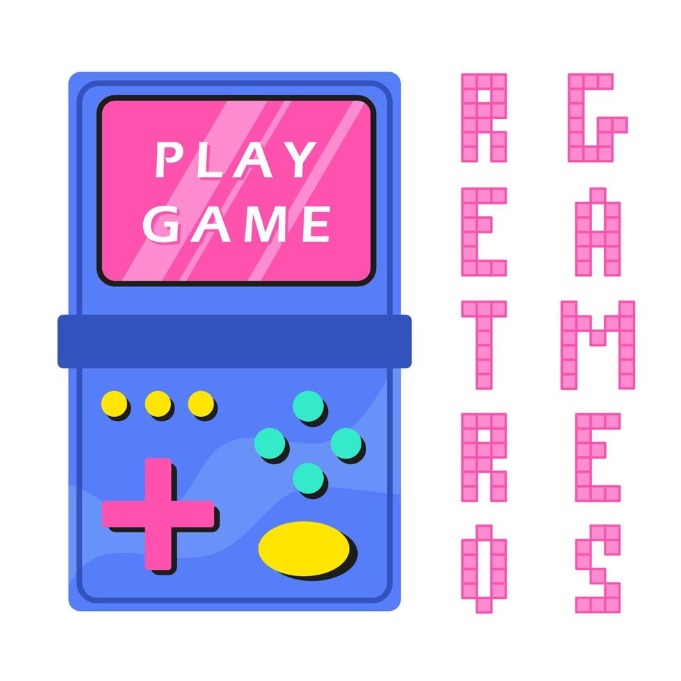 Retro games 90x, 80x. Electronic game Tetris. A bright acidic game console. Nostalgic children's game vector