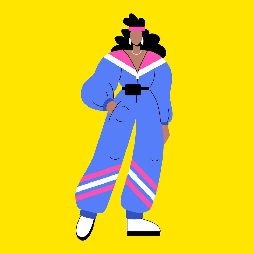 A fashionable girl in a bright jumpsuit in the style of the 90s or 80s.  Stylish woman in retro sportswear 13603312 Vector Art at Vecteezy