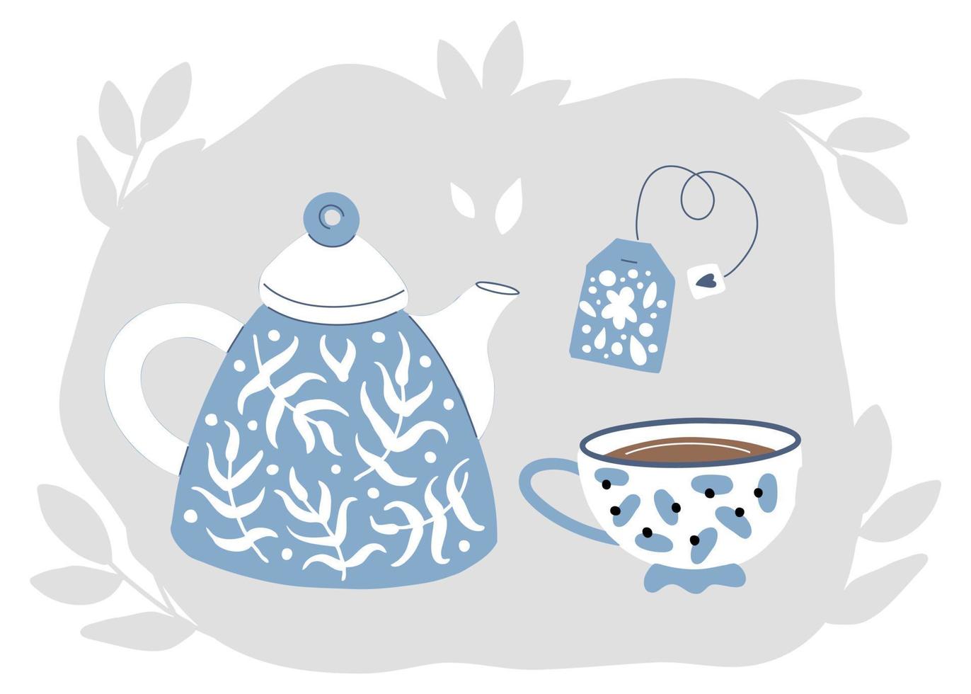 Tea set of breakfast dishes. A mug with coffee, tea and a kettle. Retro handmade tableware vector
