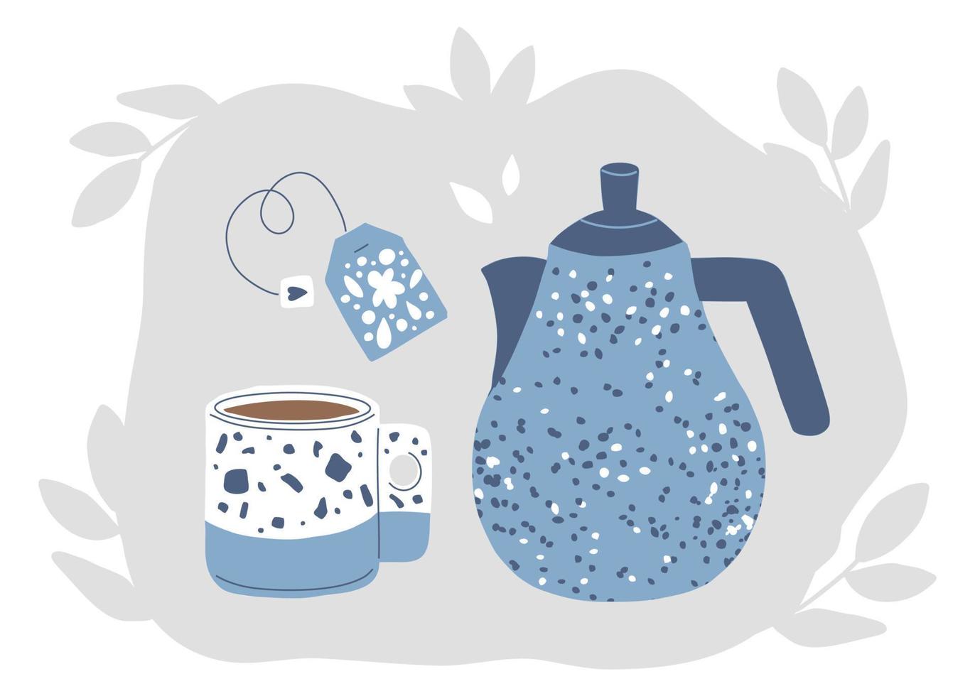 Tea set of breakfast dishes. A mug with coffee, tea and a kettle. Handmade marble tableware vector