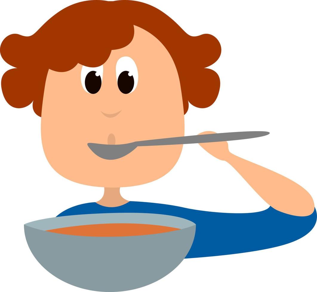 Girl eating soup, illustration, vector on white background.