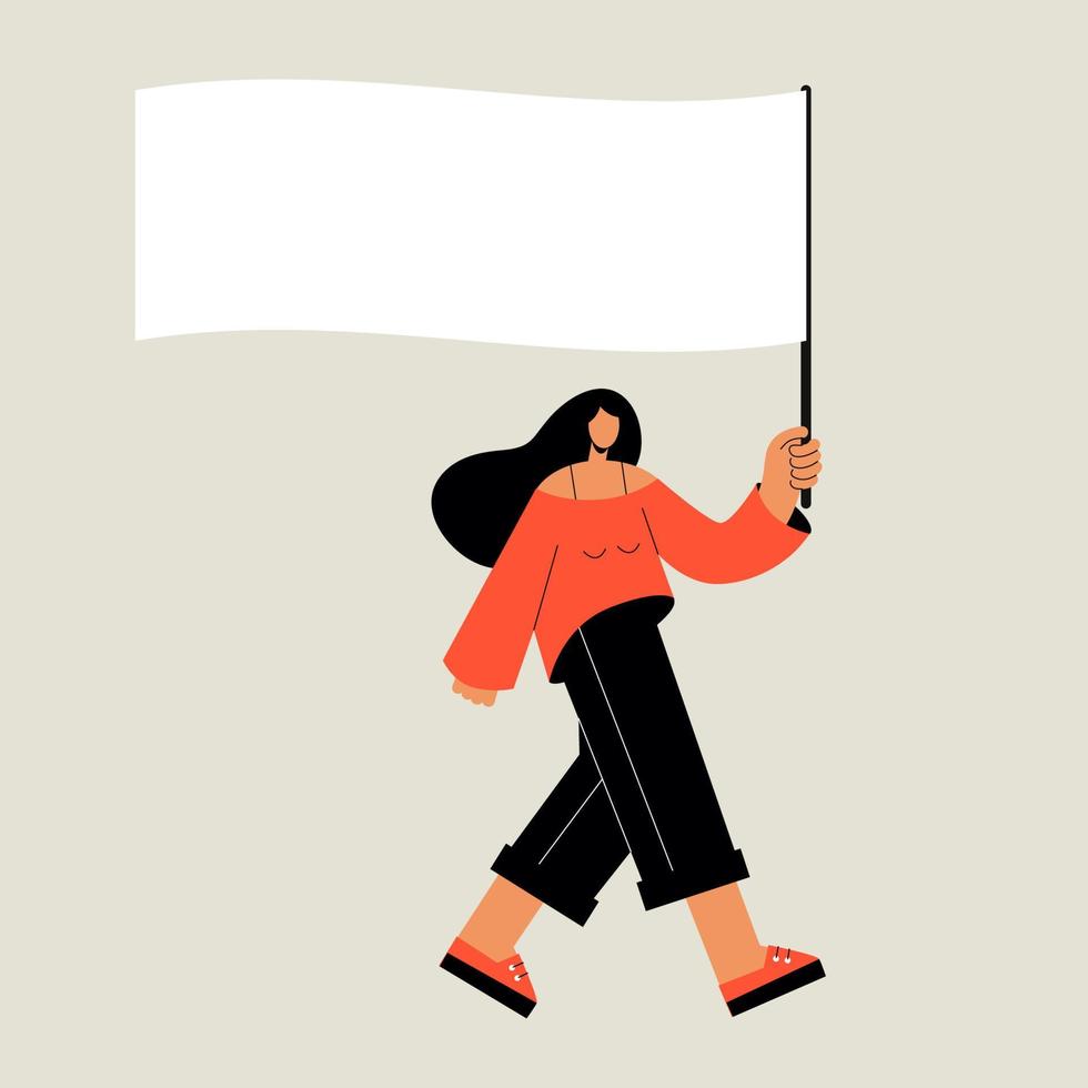 A woman at a protest. A girl with a flag at a rally demands equality. White flag in hand vector