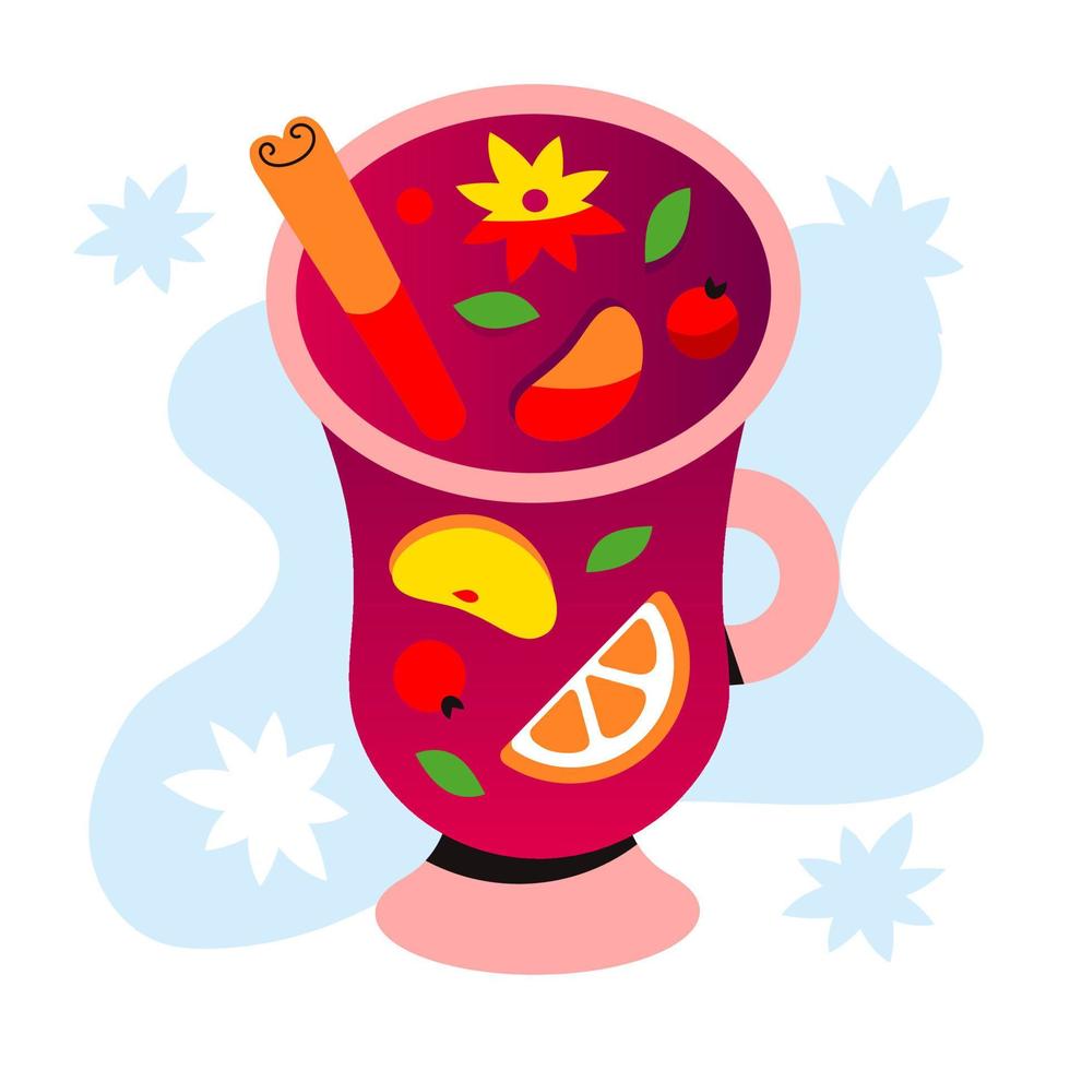 Warming mulled wine in a glass. Fruit sangria, punch, grog in a mug. Christmas drink for the menu vector