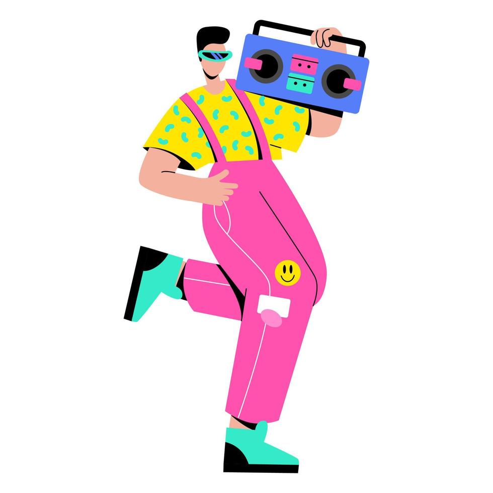 un chico de moda escucha música al estilo de los años 90 u 80. un hombre elegante con ropa brillante con una grabadora retro bailando vector