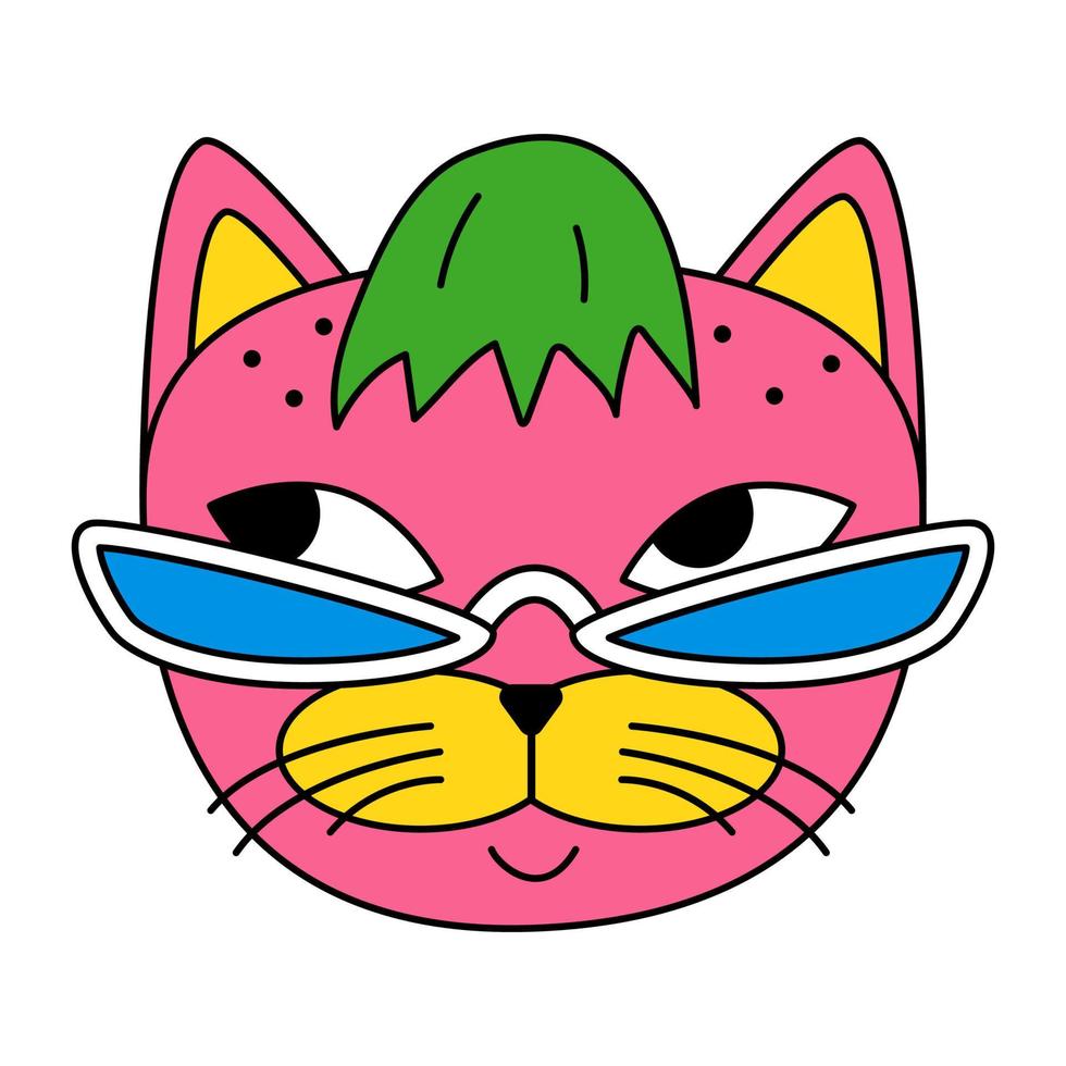 un gato con gafas hippie. un gatito en estilo retro. pegatina para niños, logo animal, icono vector