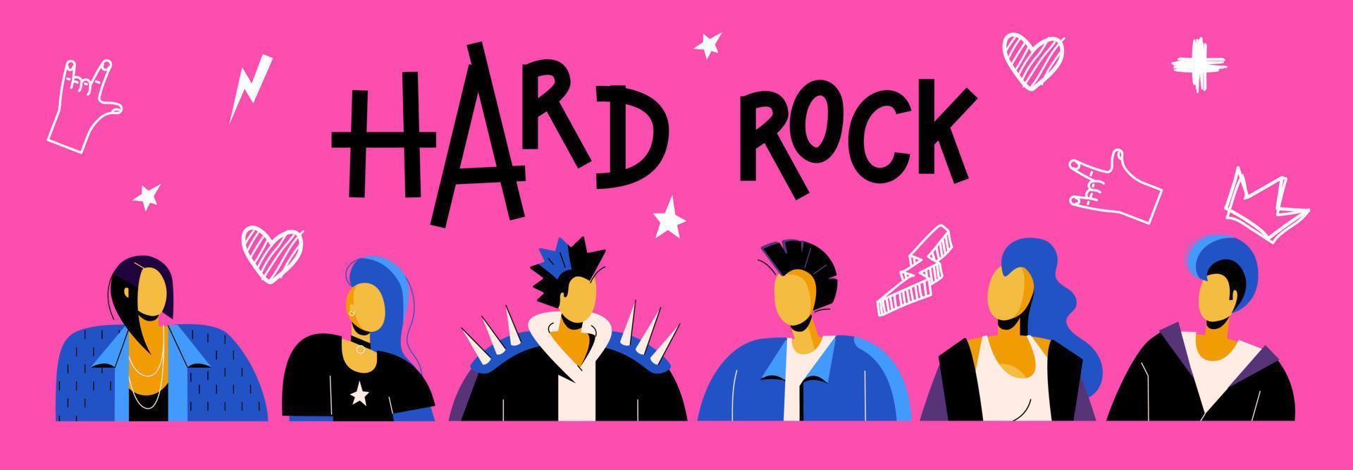 A set of portraits of punks with Mohawks. Lettering Hard Rock. Rocker musicians with hairstyles on a pink background vector