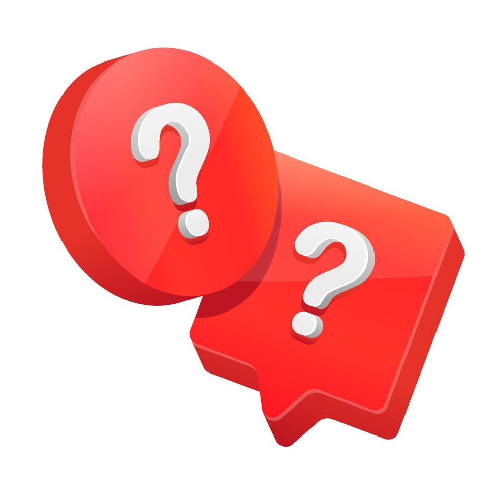 pregunta 3d. un signo de interrogación en el botón rojo. una voluminosa pregunta brillante. soporte de información. vector