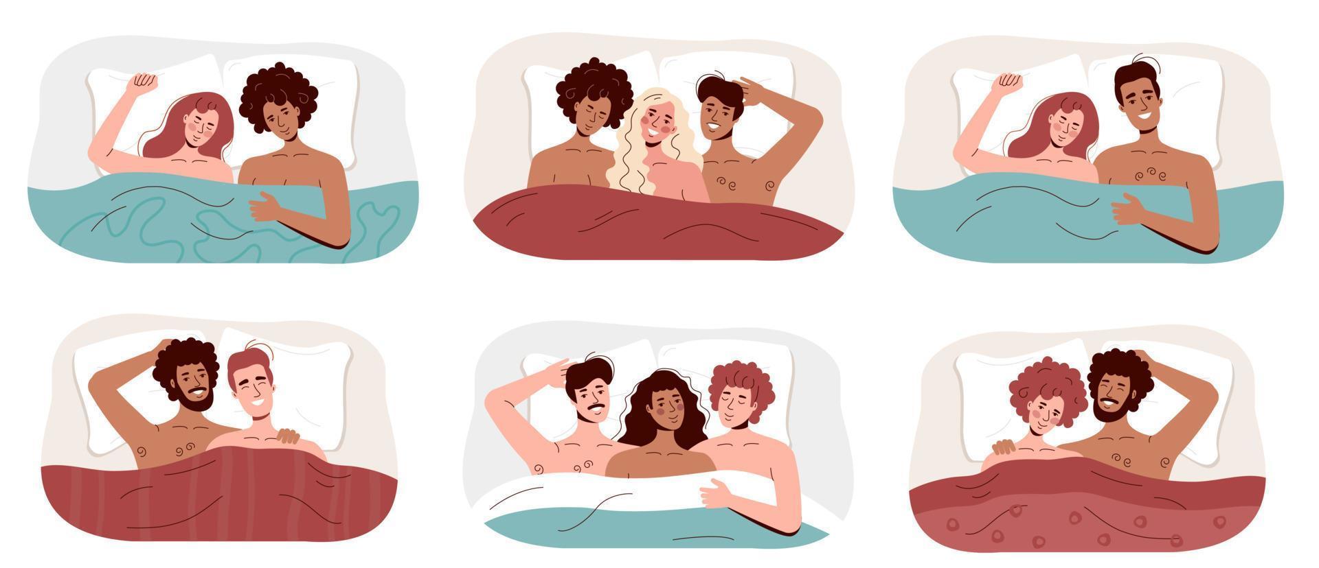 un conjunto de personas de diferentes colores en la cama. una variedad de parejas lgbt tienen sexo debajo de una manta. amor libre vector
