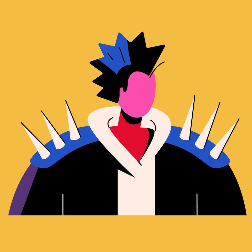 The guy is a punk rocker with a mohawk. A flat portrait of a waist-high man. Youth hairstyle. Icon. Thorns vector