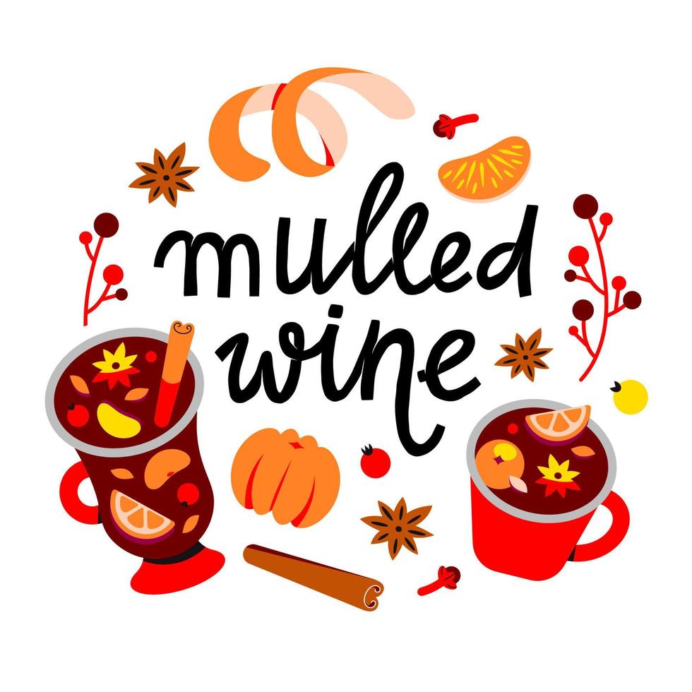 A set of elements of Christmas mulled wine. Recipe for a hot drink made of wine and spices. Punch in mugs vector