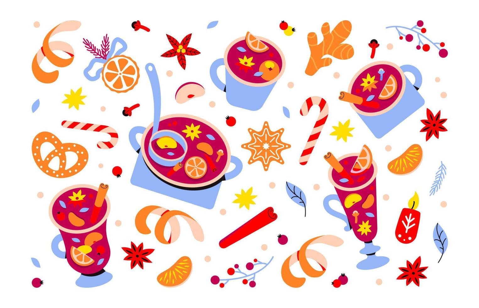 fondo de navidad con vino caliente, sangría, ponche, grog. vasos, tazas con vino tinto y frutas, especias vector