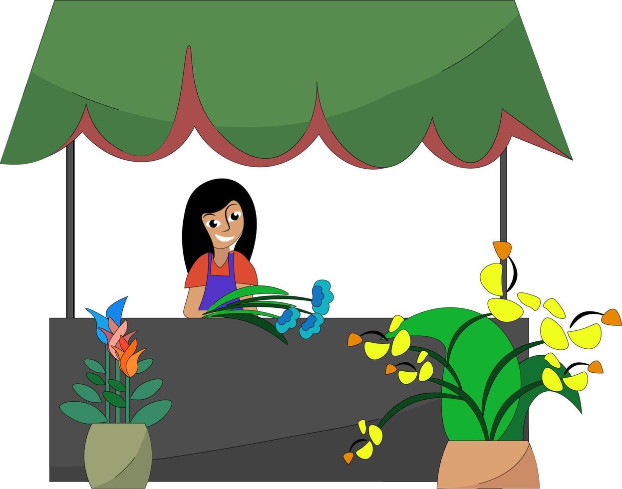 Woman flower seller, illustration, vector on white background.