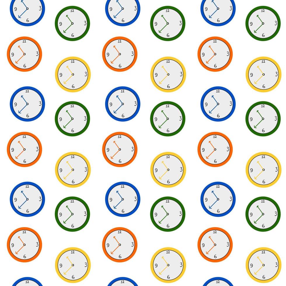 Clocks pattern, illustration, vector on white background.