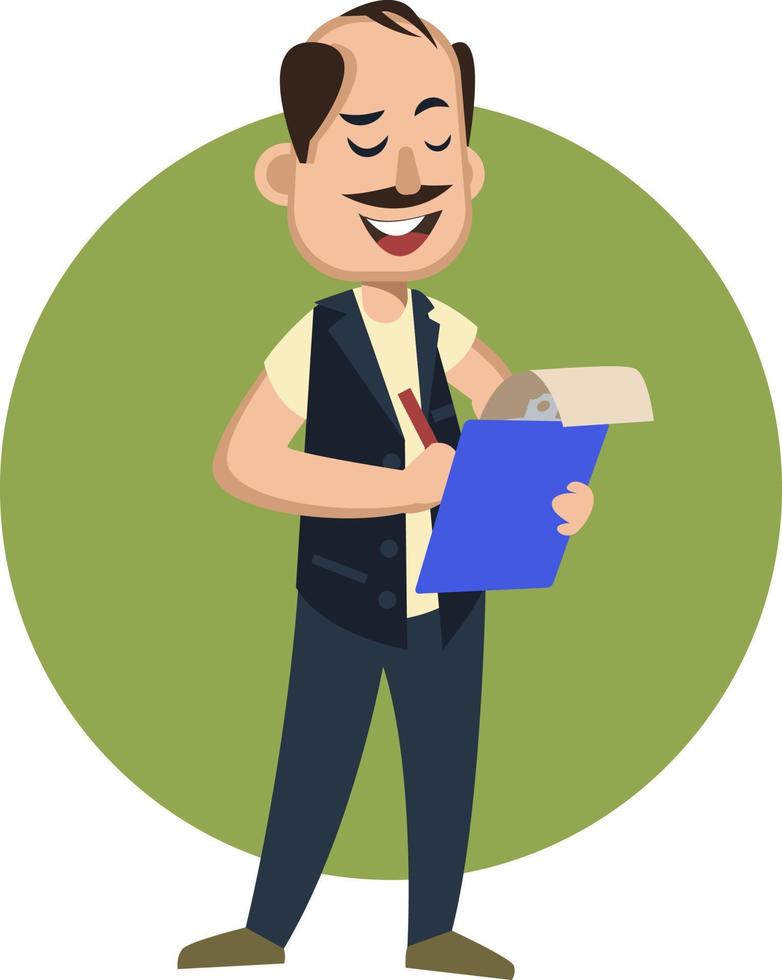 Man with pen and notebook, illustration, vector on white background.