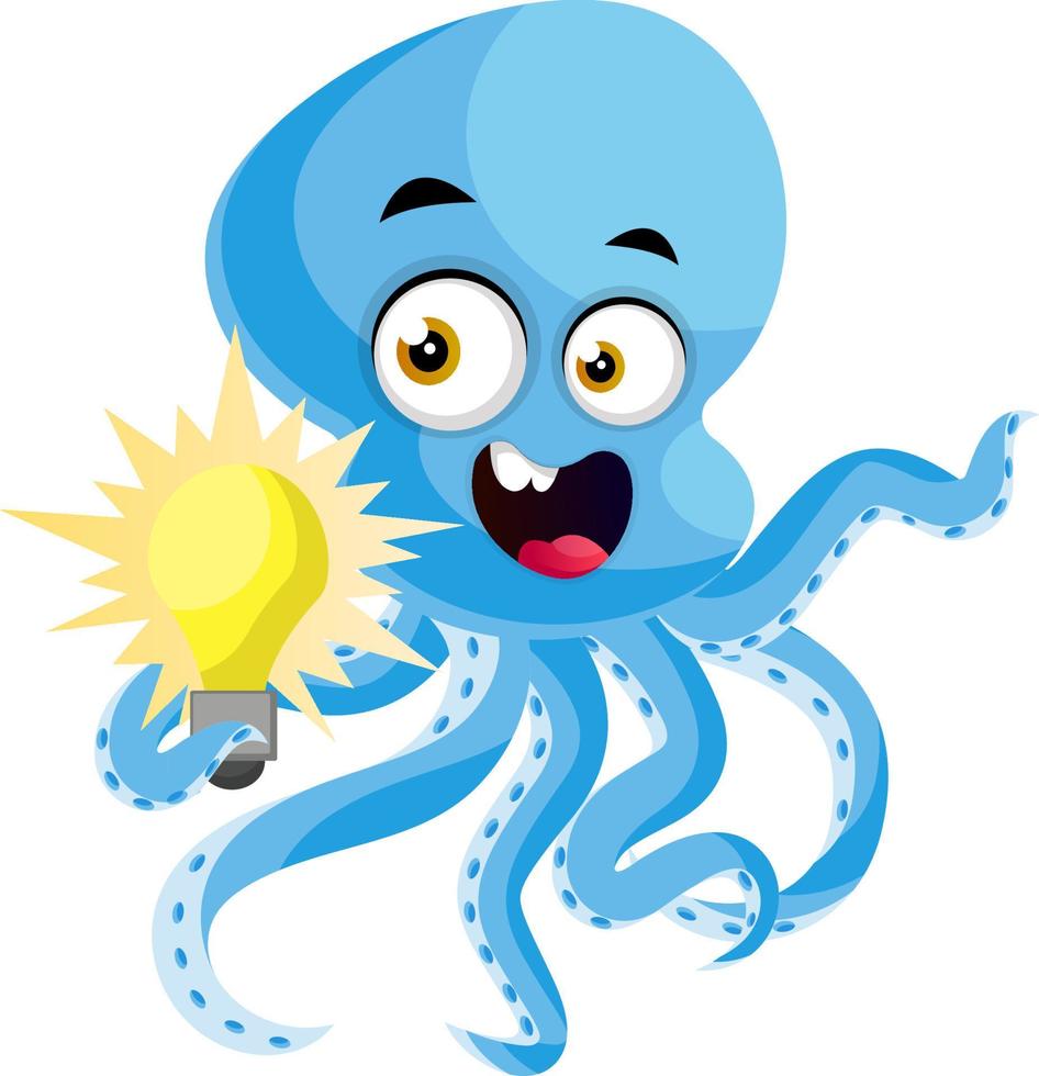 Octopus holding lightbulb, illustration, vector on white background.