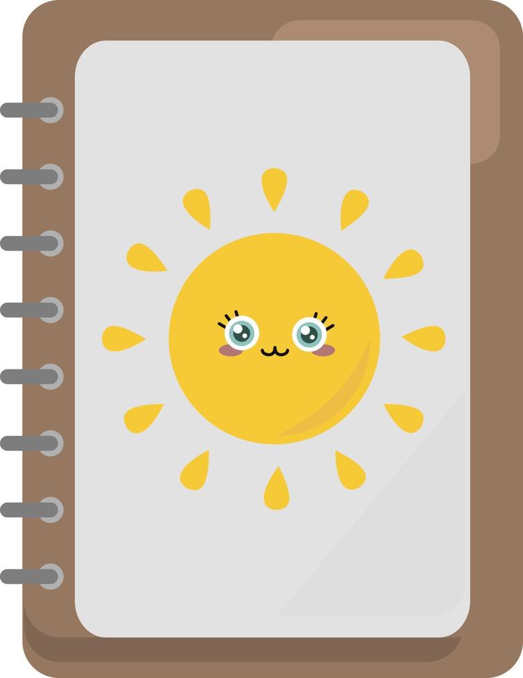 Cuaderno de bocetos con sol, ilustración, vector sobre fondo blanco.