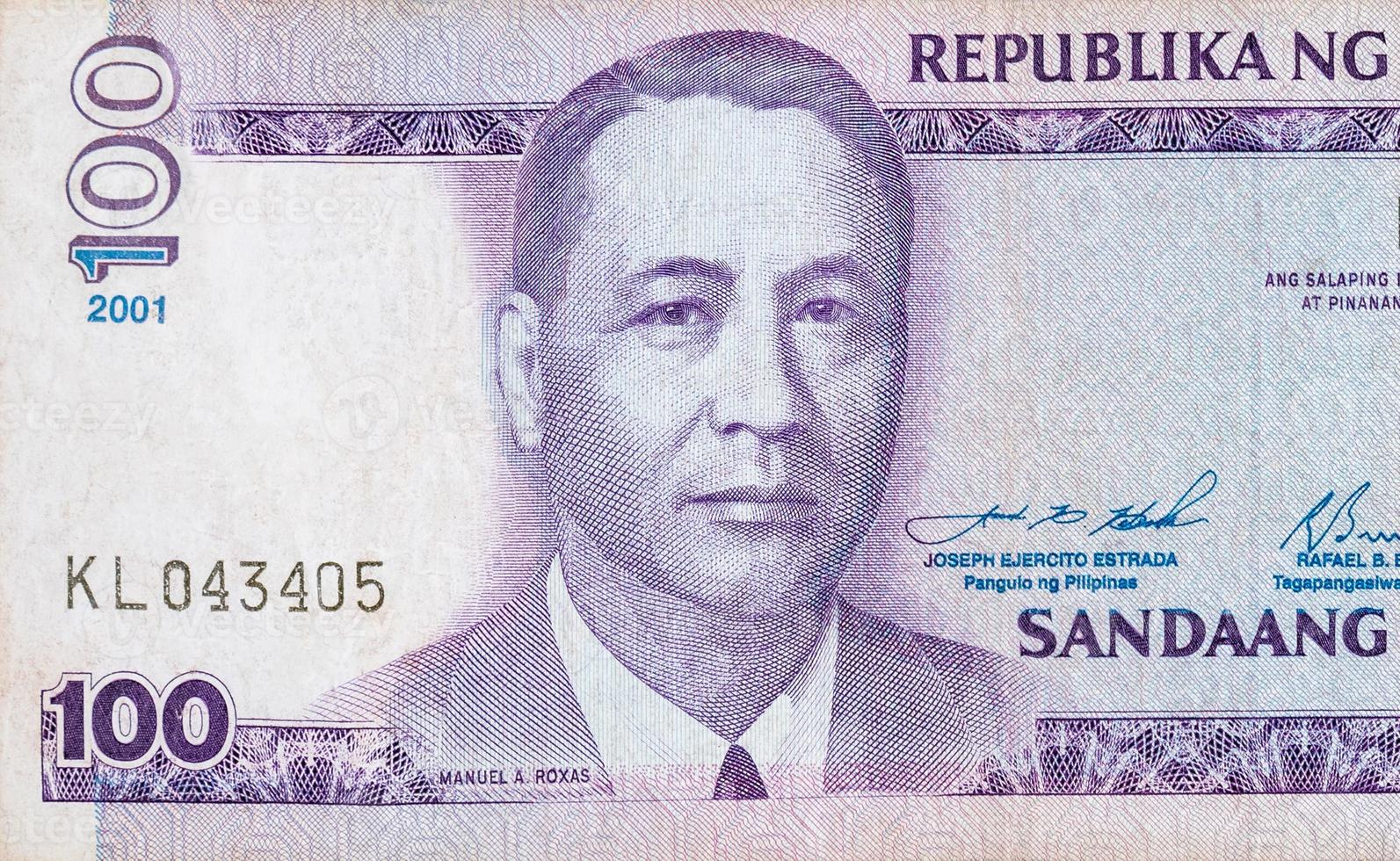 Manuel A Roxas on 100 piso Philippines money bill close up fragment photo