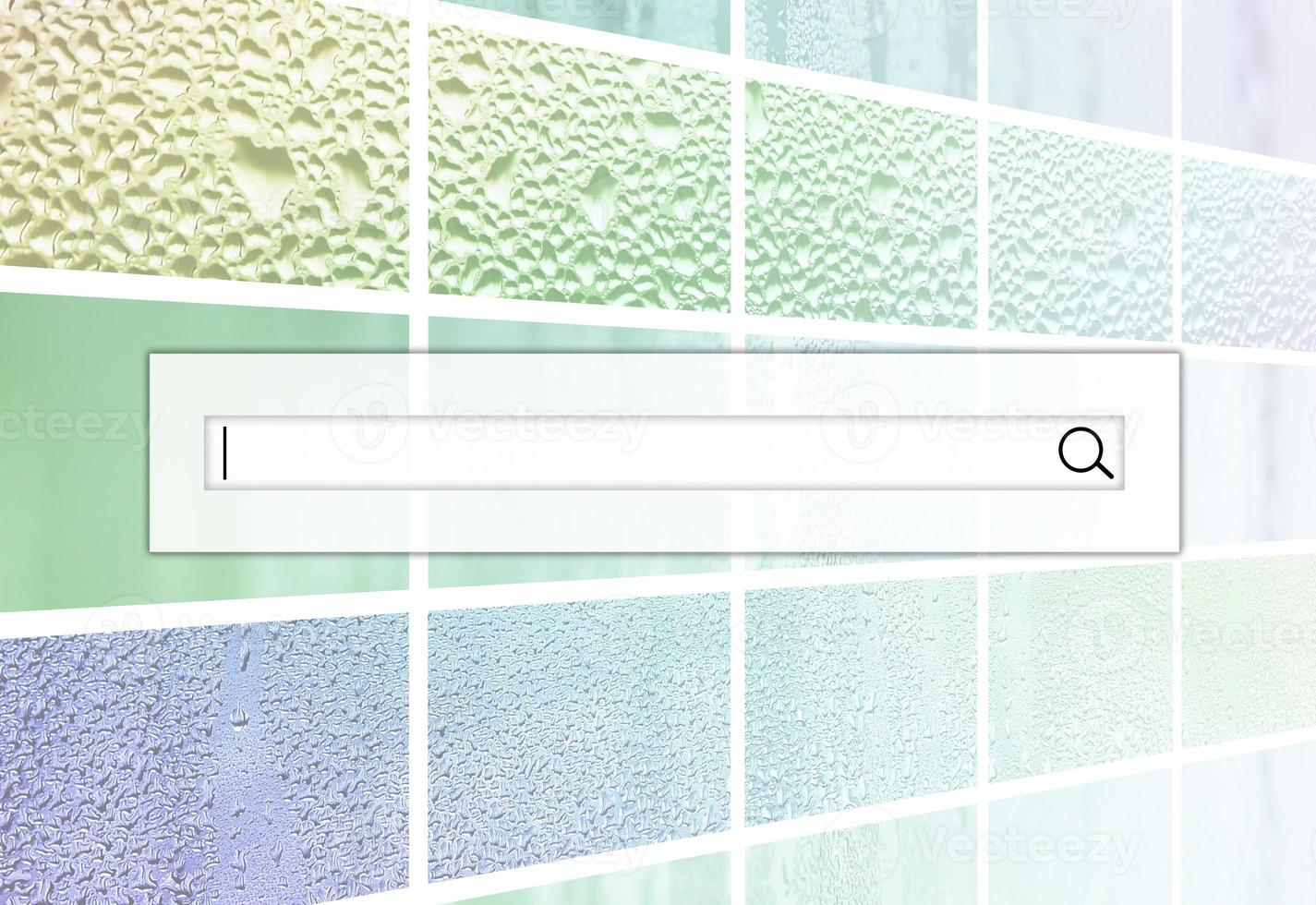 The search field is located on top of collage of many different fragments of glass, decorated with rain drops from the condensate. Rainbow colors photo