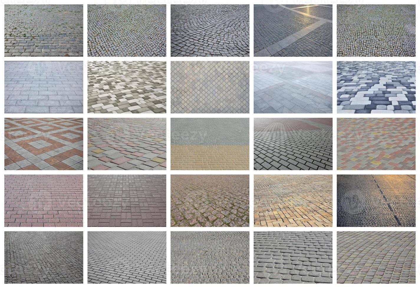 A collage of many pictures with fragments of paving tiles close-up. Set of images with pavement stone photo