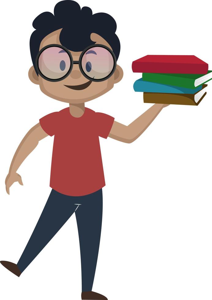 Boy is holding books, illustration, vector on white background.
