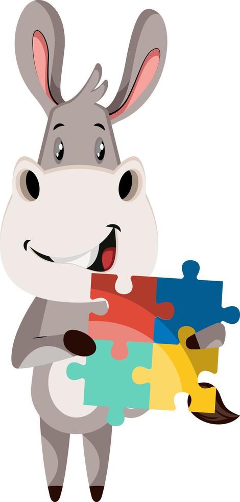 Donkey with puzzle, illustration, vector on white background.