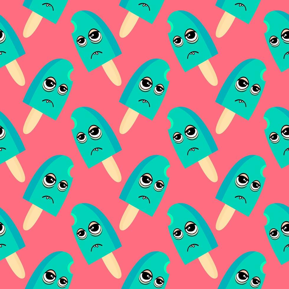 Sad icecream, seamless pattern on red background. vector