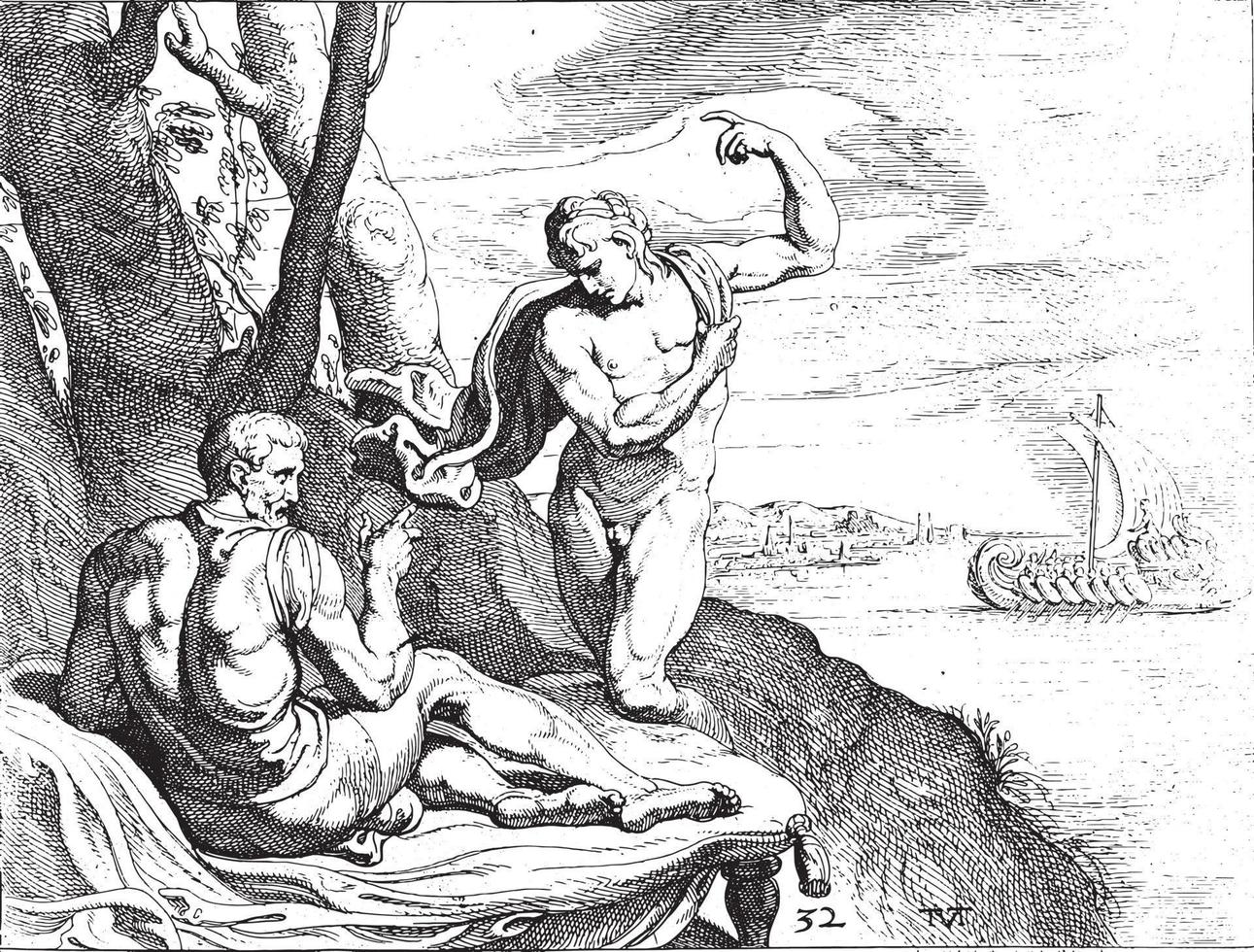 Minerva appears in the guise of Telemachus to Odysseus, vintage illustration. vector