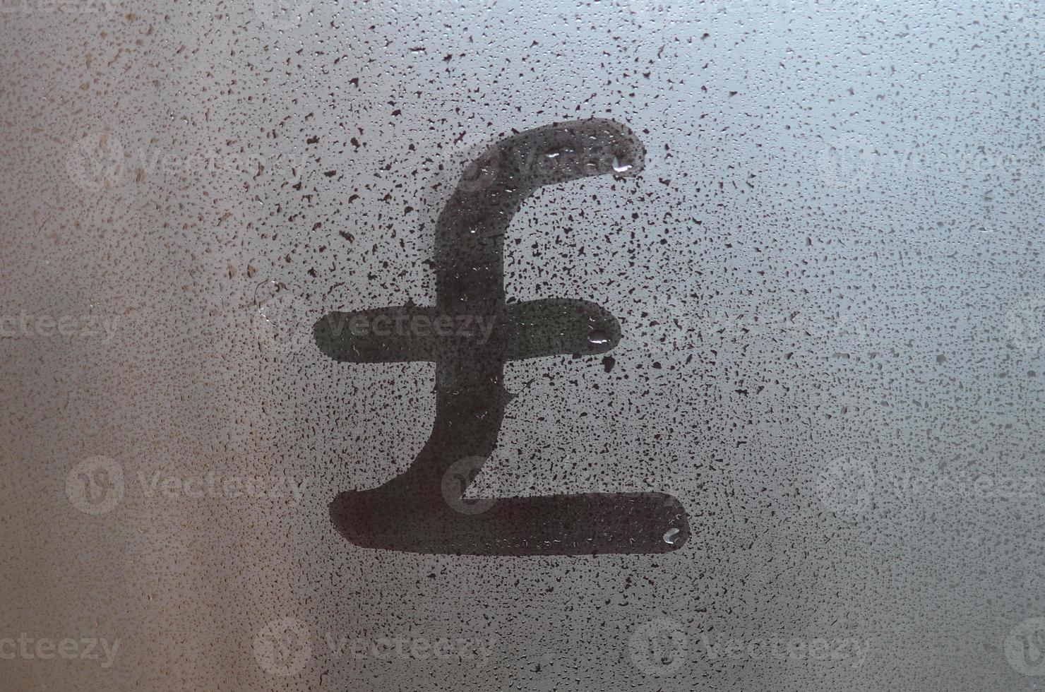 Symbol of English pounds is written with a finger on the surface of the misted glass photo