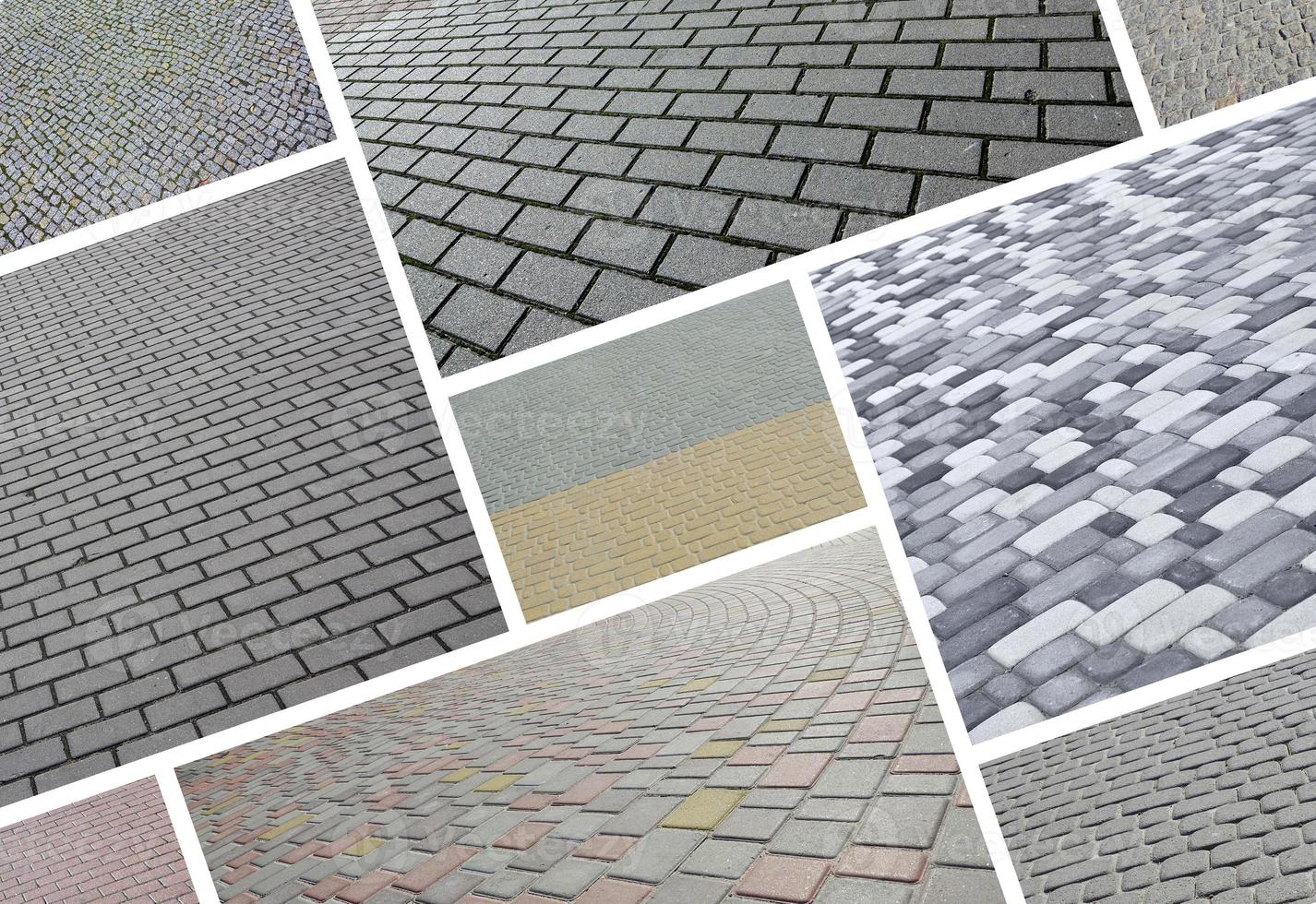 A collage of many pictures with fragments of paving tiles close-up. Set of images with pavement stone photo