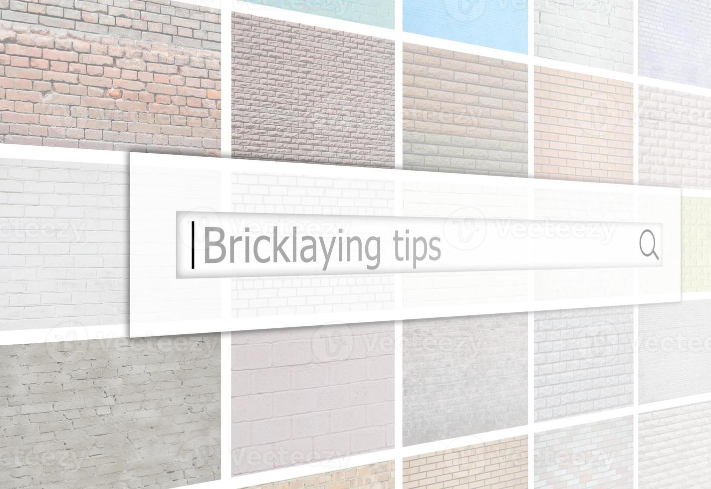 Visualization of the search bar on the background of a collage of many pictures with fragments of brick walls of different colors close up. Bricklaying tips photo