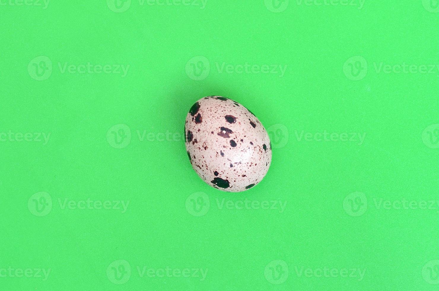 One quail egg on a light green surface, top view, empty place fo photo