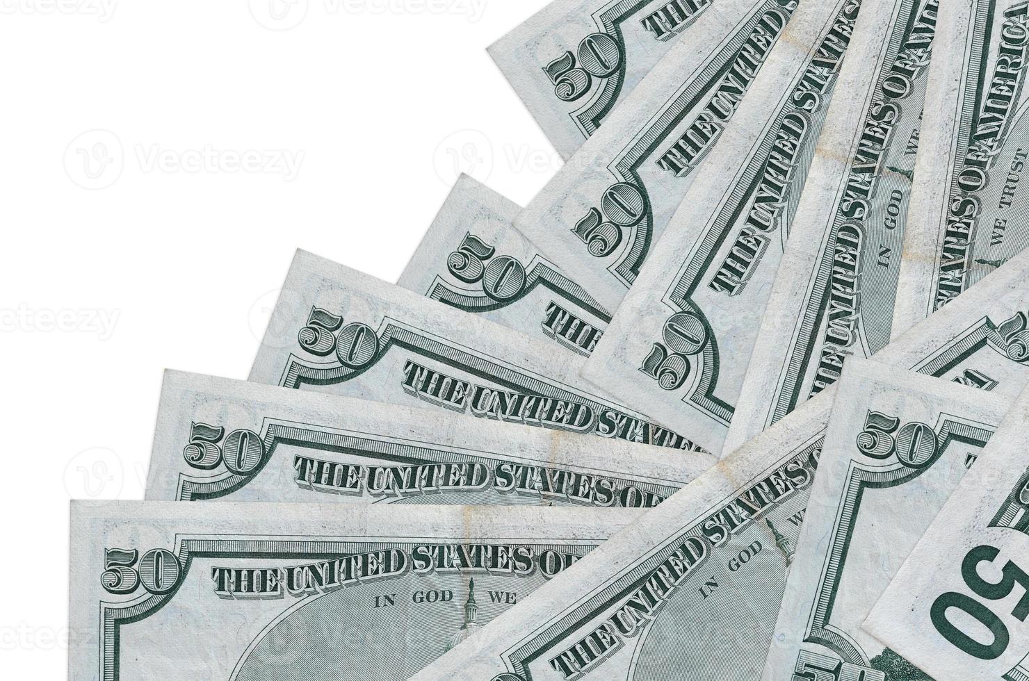 50 US dollars bills lies in different order isolated on white. Local banking or money making concept photo