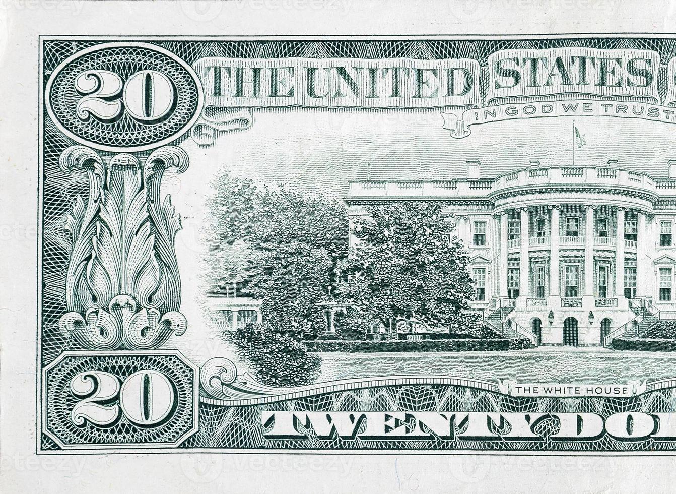 US 20 dollars banknote with white house closeup macro bill fragment photo
