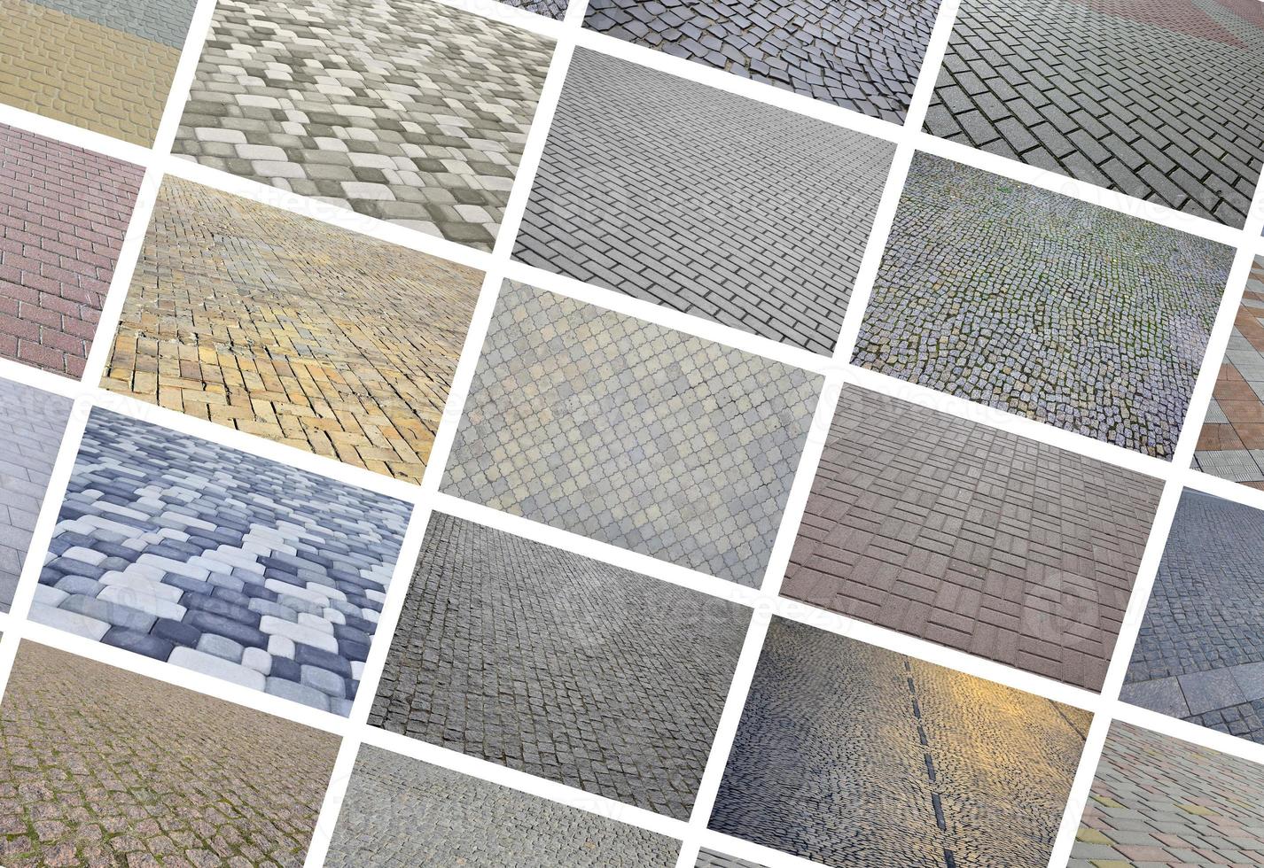 A collage of many pictures with fragments of paving tiles close-up. Set of images with pavement stone photo