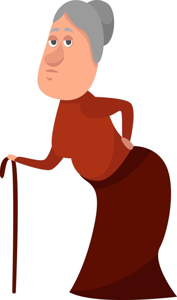 Old woman with stick, illustration, vector on white background