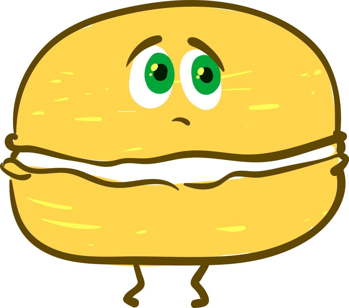 Sad yellow macaron, illustration, vector on white background.