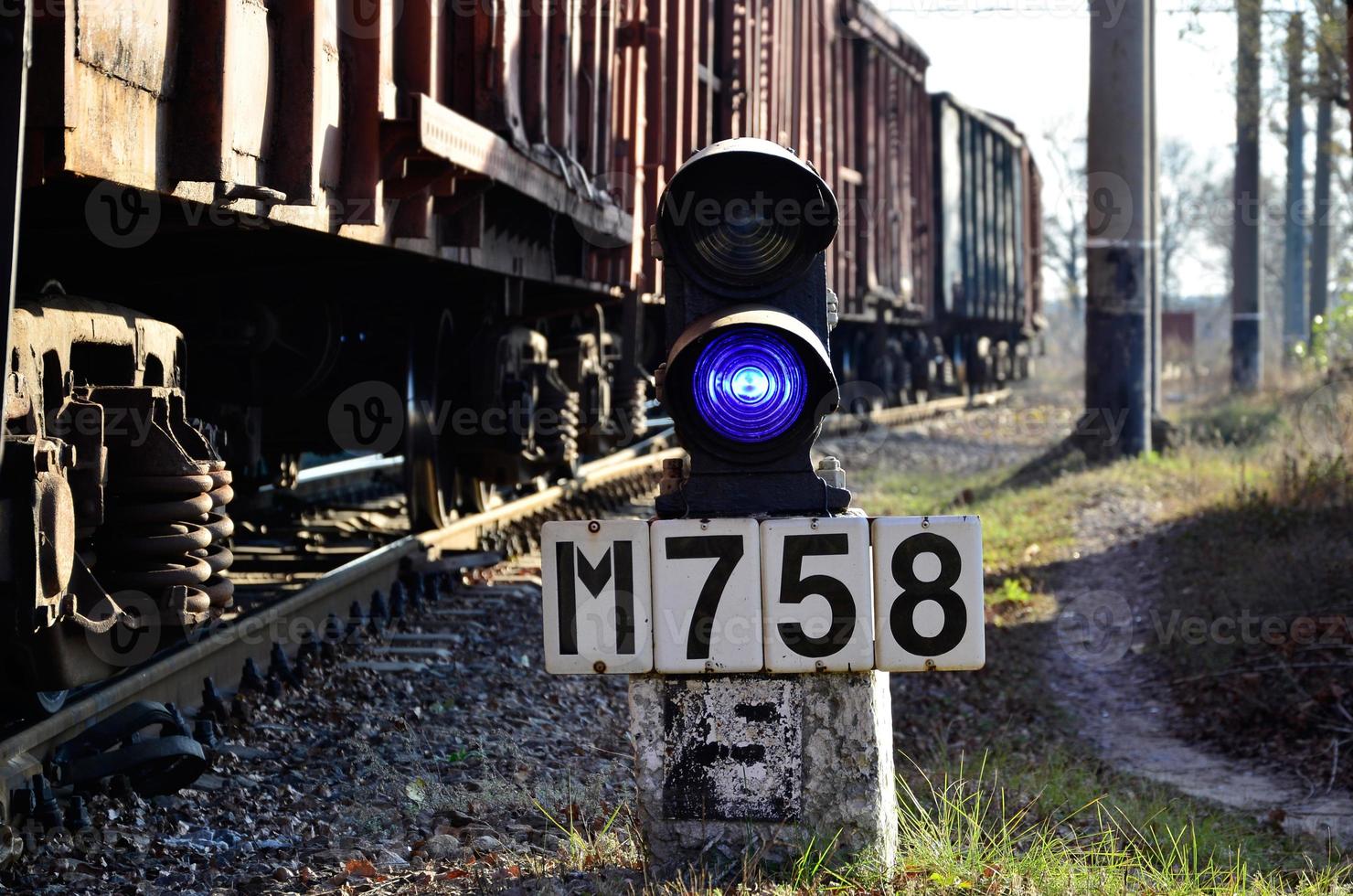 Railroad sign with the railway background photo