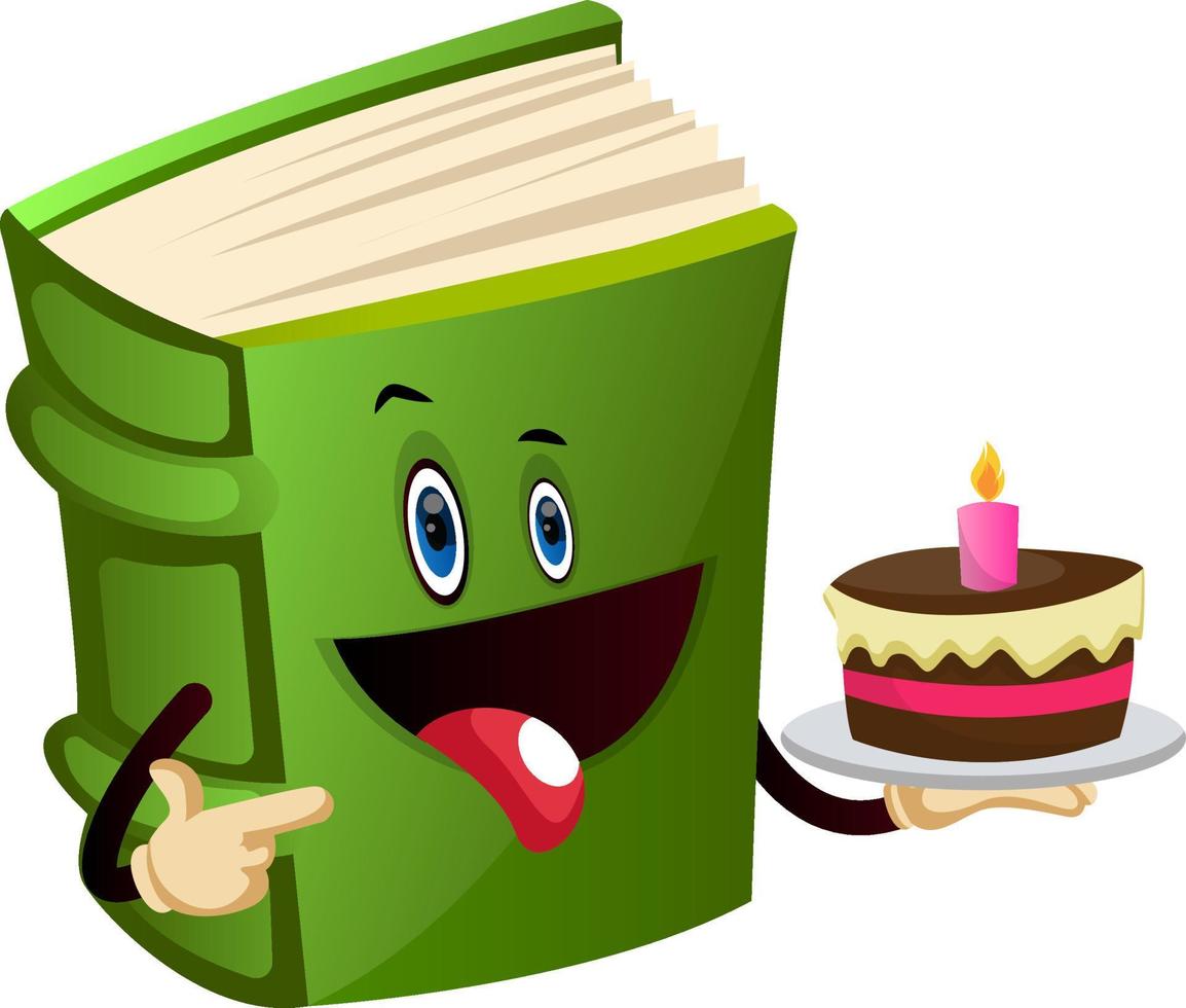 Cartoon book character is holding a caker, illustration, vector on white background.