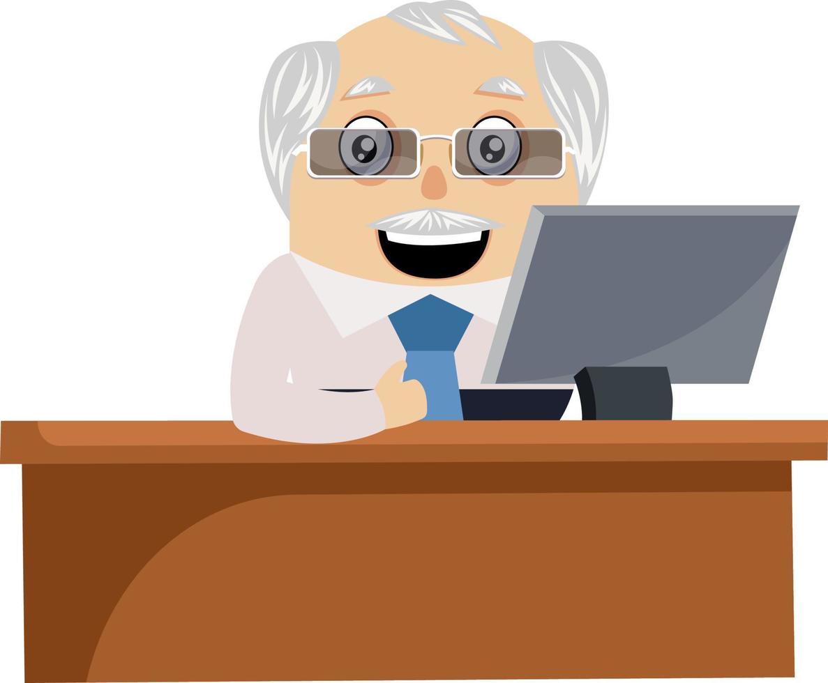 Old man working at the desk, illustration, vector on white background.