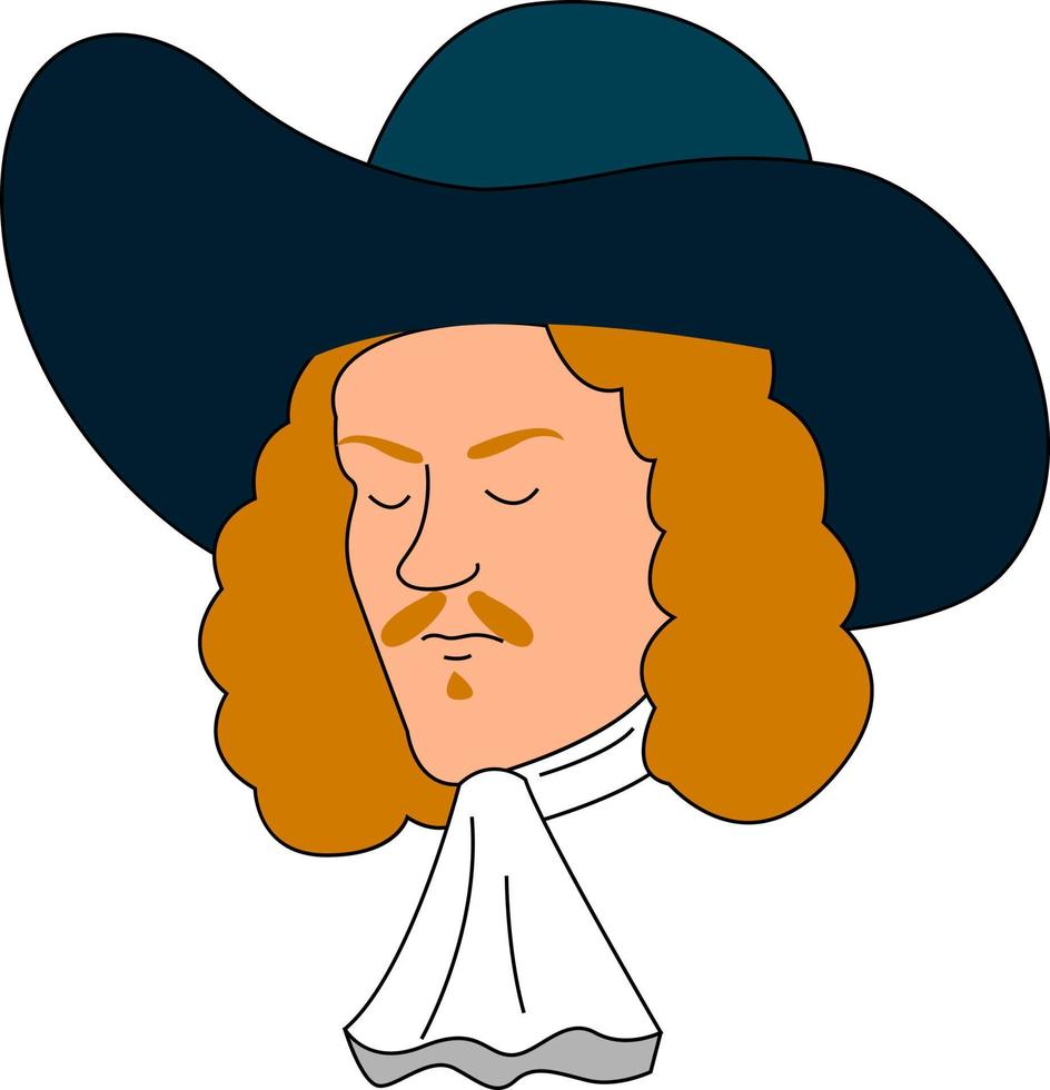 Musketeer with blue hat, illustration, vector on white background.