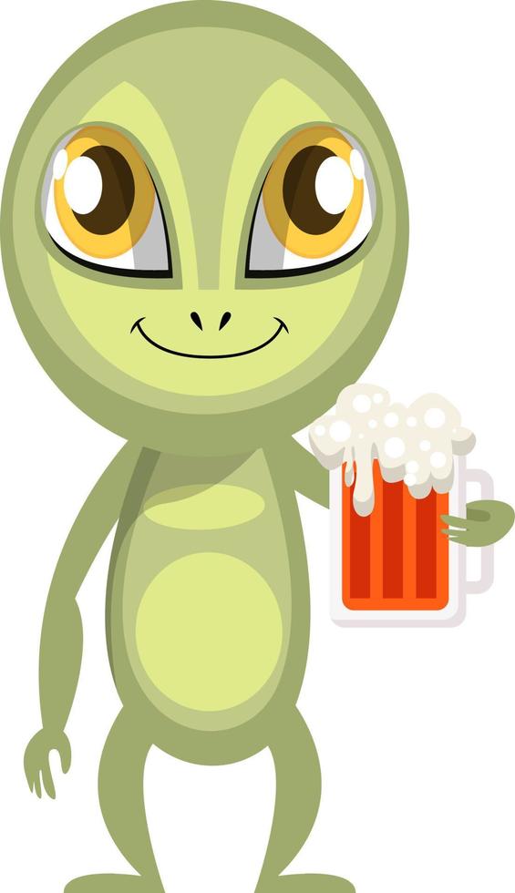 Alien with beer, illustration, vector on white background.