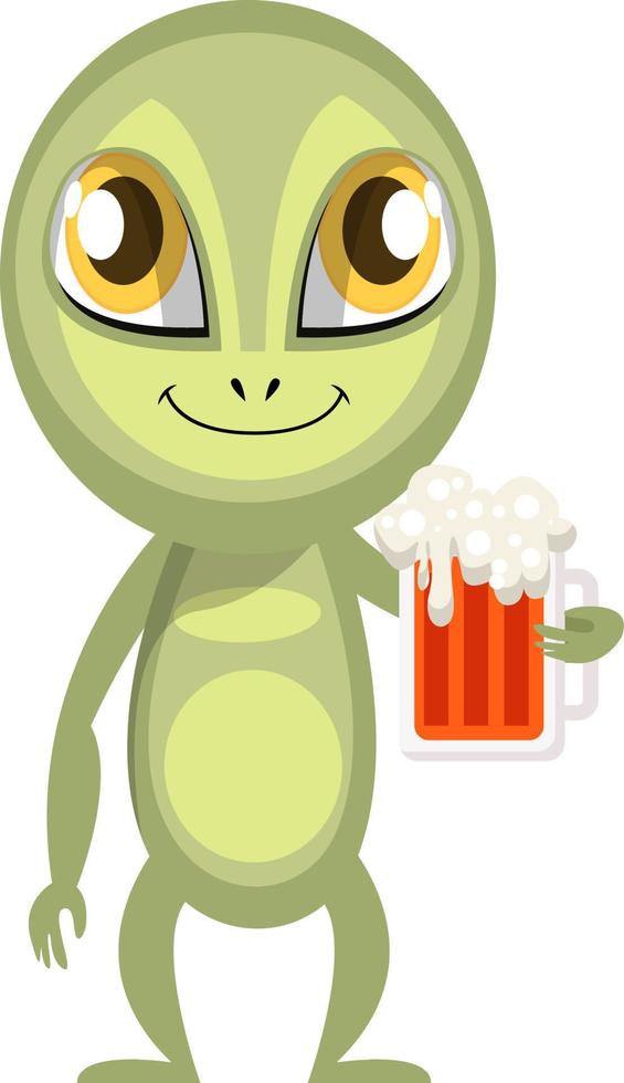 Alien con cerveza, ilustración, vector sobre fondo blanco.