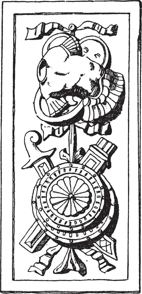 Trophy Plaque Panel decoration was found on the tomb of Galeazzo Pandona, vintage engraving. vector