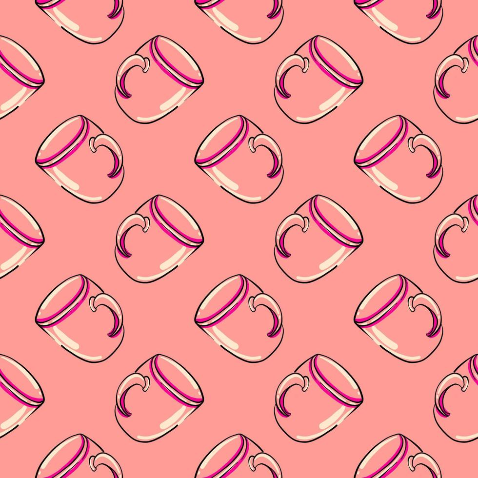 taza rosa, patrón sin costuras sobre fondo rosa. vector