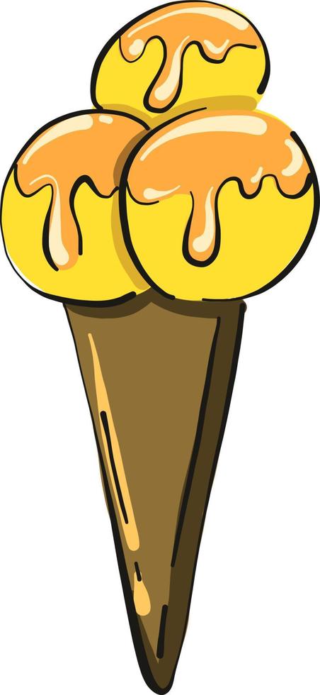 Helado amarillo en un cono, ilustración, vector sobre fondo blanco.