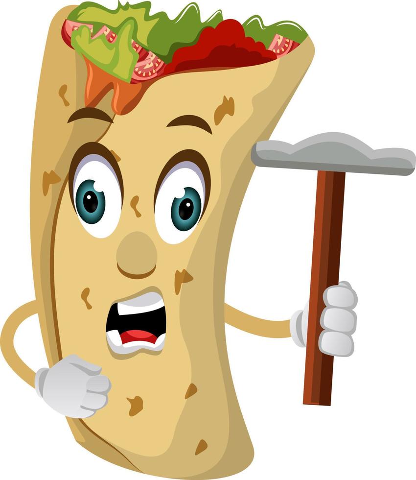 Burrito with hammer, illustration, vector on white background.