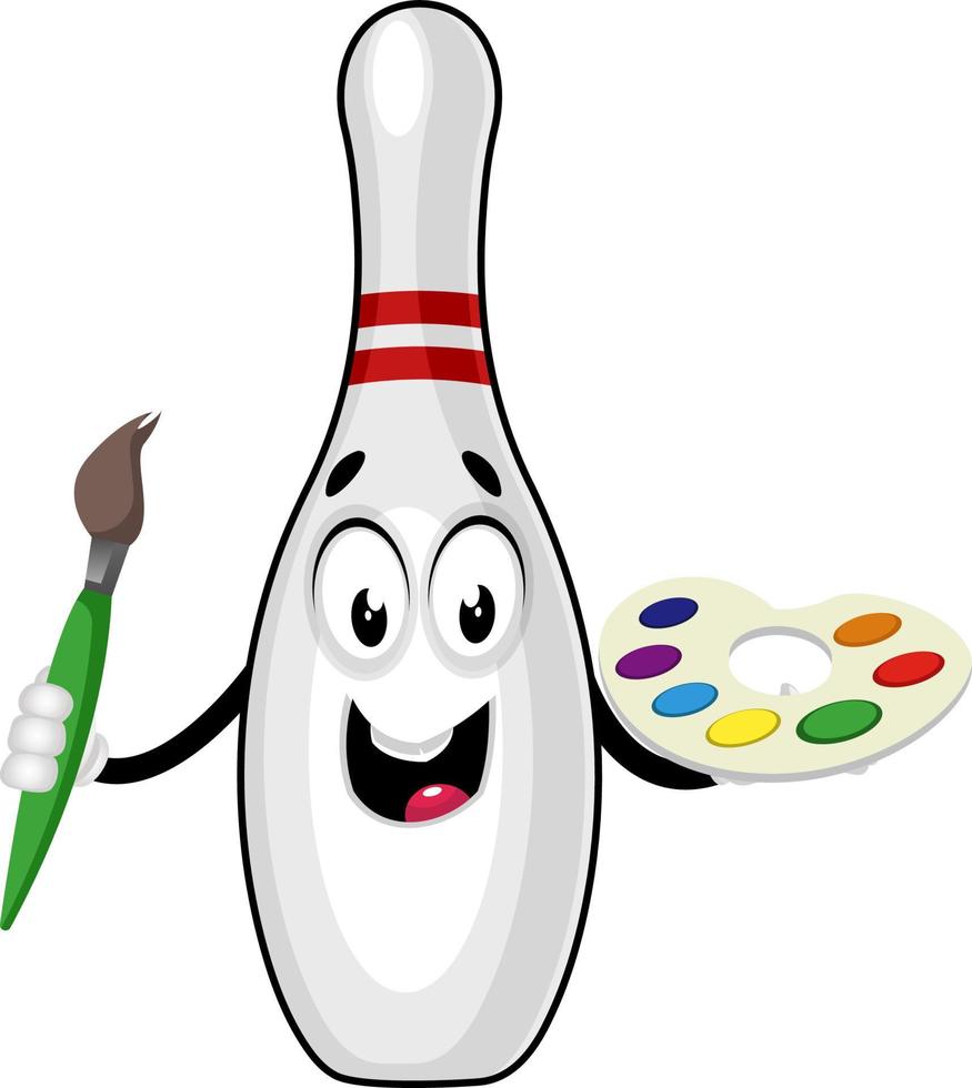 Bowling pin with color palette, illustration, vector on white background.