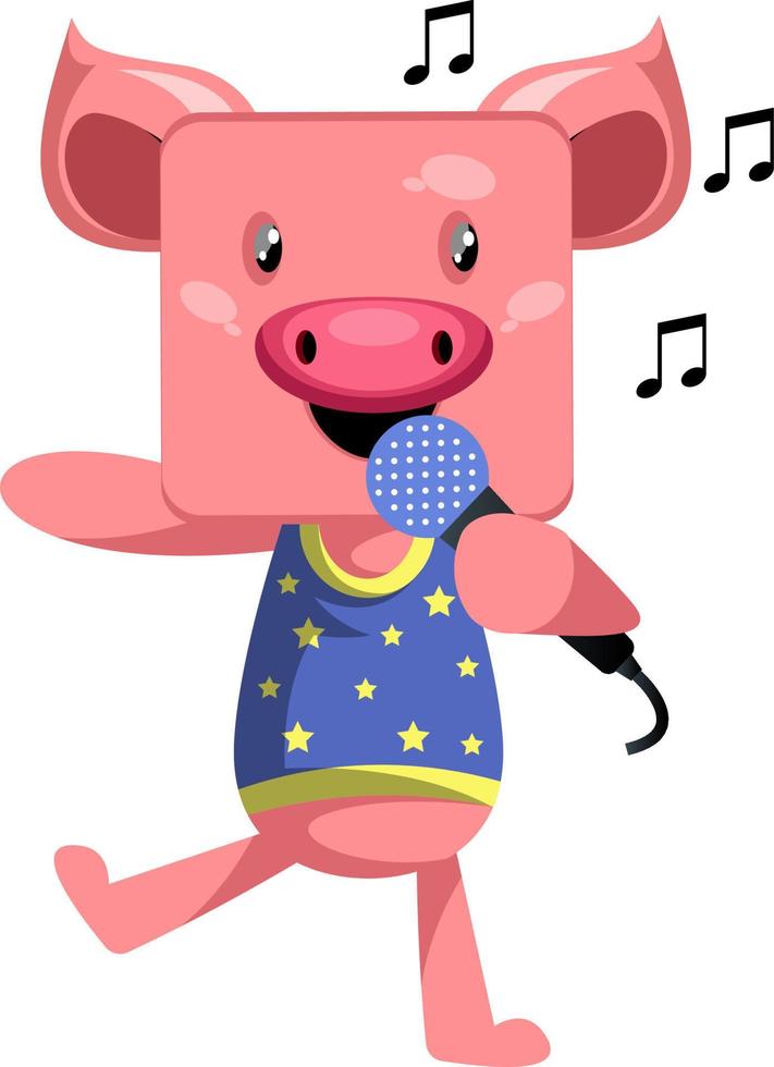 Pig with microphone, illustration, vector on white background.