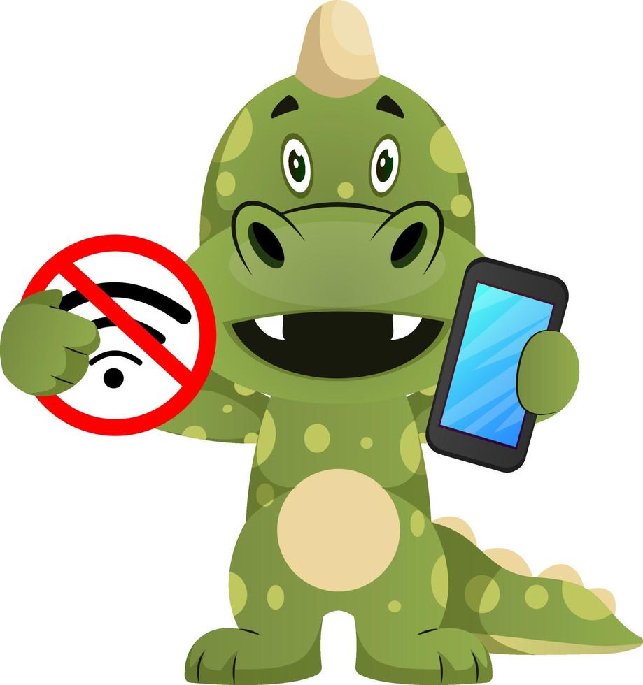 Green dragon is holding no wireless sign and mobile phone, illustration, vector on white background.